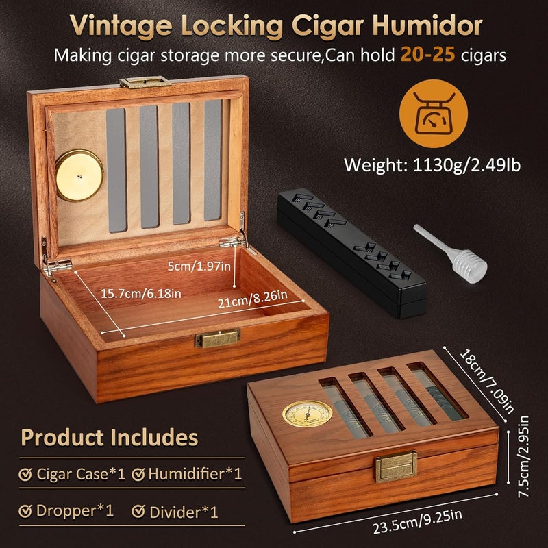 SEMKONT Cigar Humidor, Antique Locking Cedar Wood Desktop Cigar Case, Strip View Window Glass Top Cigar Storage Case,with Humidifier and Hygrometer,Hold 20-25 Cigars - Image 2